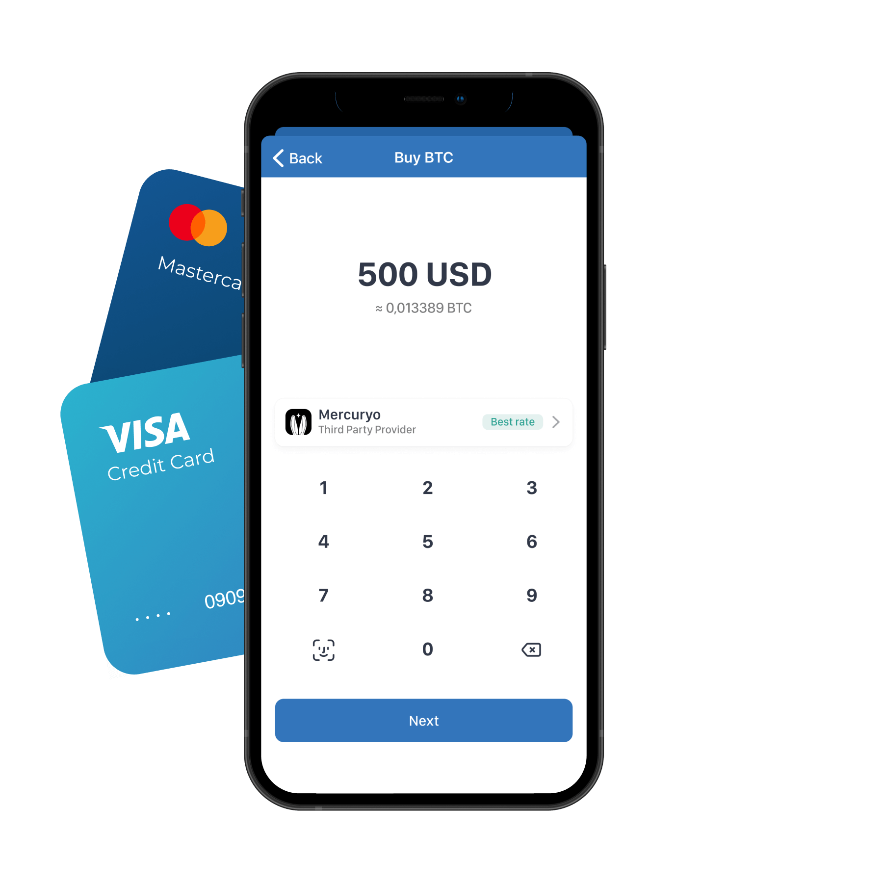 TrustWallet mobile mockup shows how it looks like to buy crypto with credit card