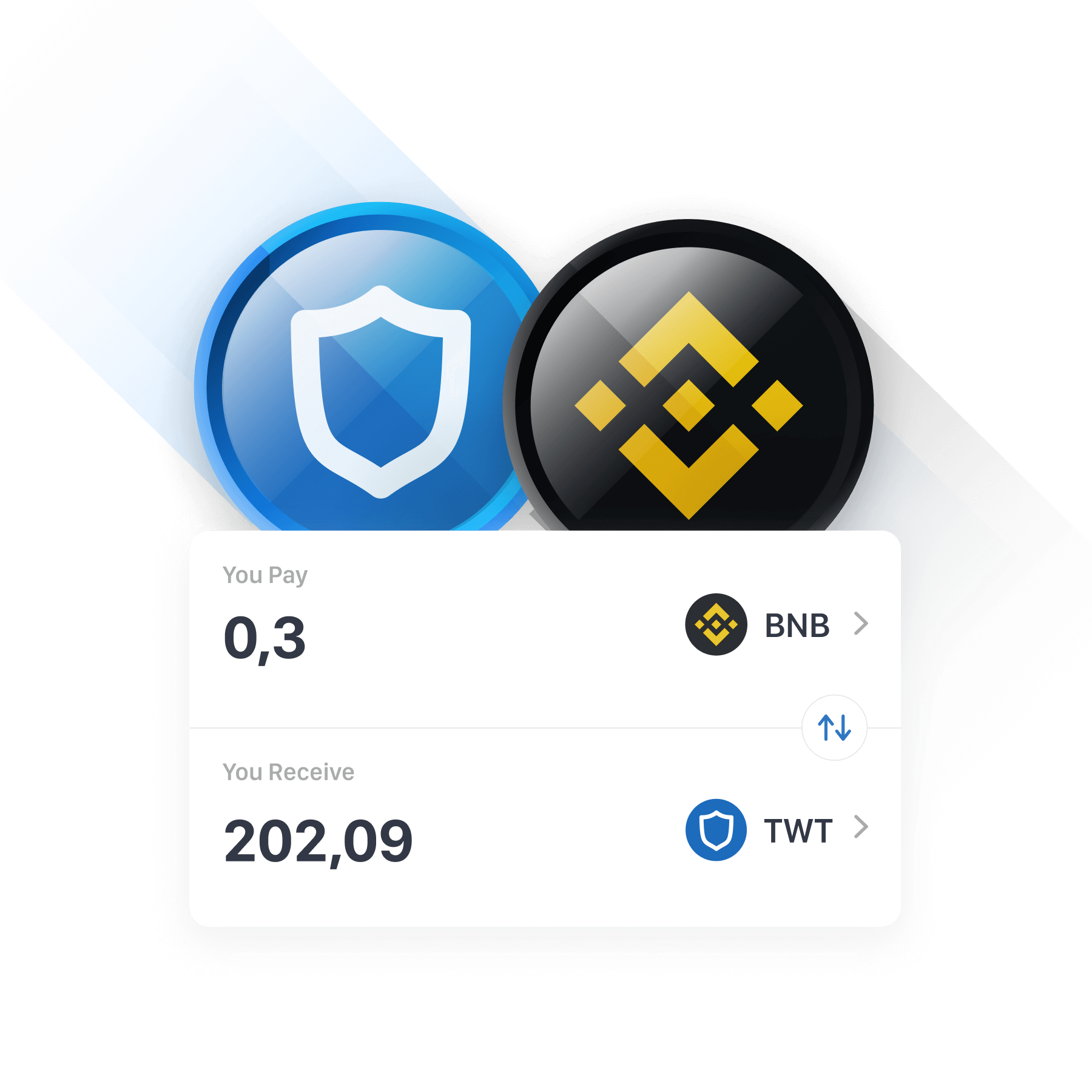 TrustWallet mobile mockup shows an example how swapping cryptocurrencies looks like